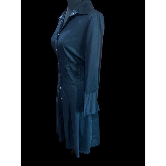 ALFANI ButtonUp Long Sleeve Fit & Flare Dress WOMEN, MED Navy Blue Pleated Skirt - Picture 3 of 9